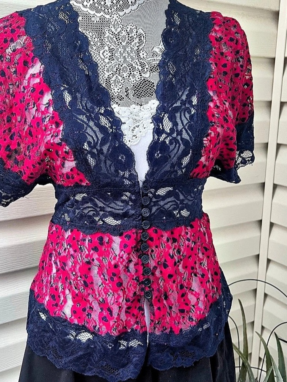 6 Degrees Empire Waist Sheer Lace Top in Pink & Blue